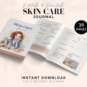 May include: A printable skin care journal with 36 pages. The cover features a watercolour illustration of a woman with red hair and a blue shirt. The journal is fully editable in Canva. The text "Skin Care Journal" is on the cover.