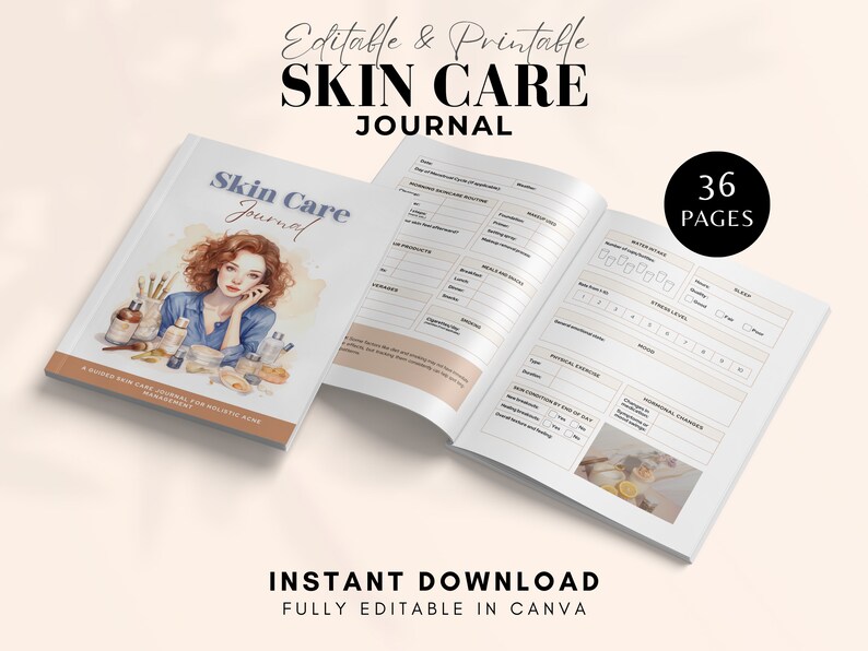 May include: A printable skin care journal with 36 pages. The cover features a watercolour illustration of a woman with red hair and a blue shirt. The journal is fully editable in Canva. The text "Skin Care Journal" is on the cover.