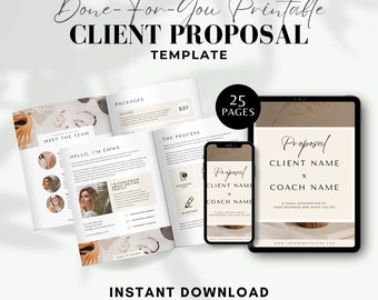 May include: A digital client proposal template with the text "Done-For-You Printable CLIENT PROPOSAL TEMPLATE." The image shows a tablet, phone, and open booklet with proposal pages. The text "INSTANT DOWNLOAD FULLY EDITABLE IN CANVA" is also visible.