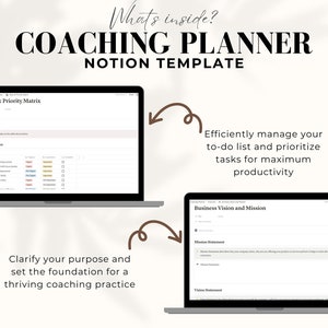 May include: A screenshot of a Notion template for a coaching planner. The template includes a "Tasks & Priority Matrix" and a "Business Vision and Mission" section. The text "What's inside?" and "COACHING PLANNER" is displayed at the top of the image.