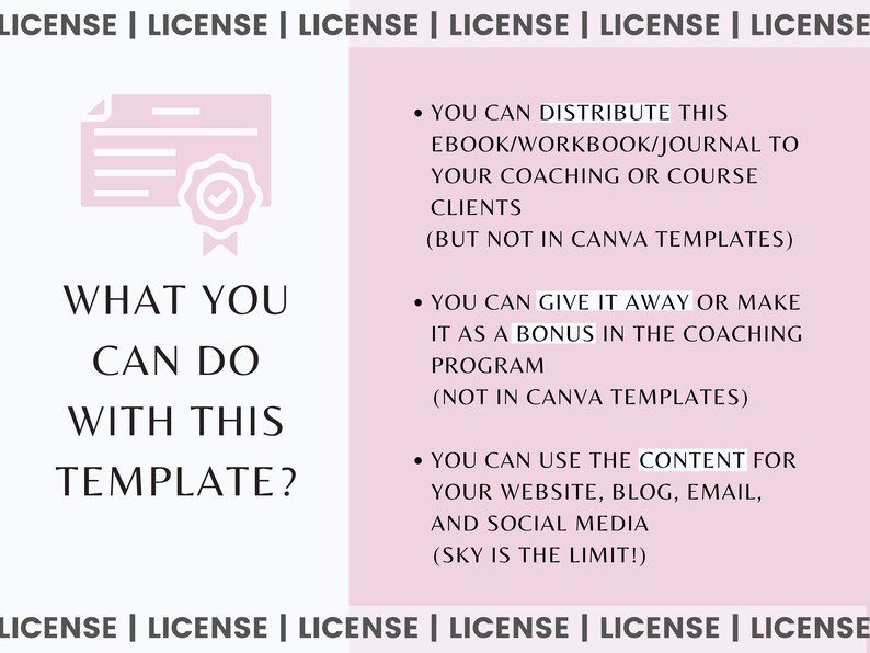 以下が含まれることがあります： チェックマークのアイコンと「WHAT YOU CAN DO WITH THIS TEMPLATE?」というテキストが書かれたピンクと白のグラフィック。このグラフィックには、テンプレートの使用方法がリストされており、クライアントへの配布、ボーナスとしての提供、ソーシャルメディアでのコンテンツの使用などが含まれています。