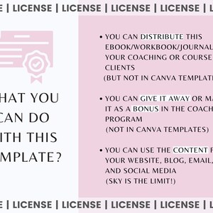May include: A pink and white graphic with a tick icon and the text "WHAT YOU CAN DO WITH THIS TEMPLATE?"  The graphic also includes a list of uses for the template, including distributing it to clients, giving it away as a bonus, and using the content for social media.