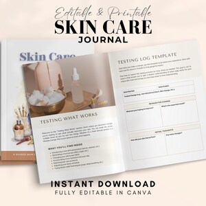 May include: A printable skin care journal with a blue and white cover featuring a watercolour illustration of makeup brushes and a bowl of cotton balls. The journal includes a testing log template to track skin care product changes and results.