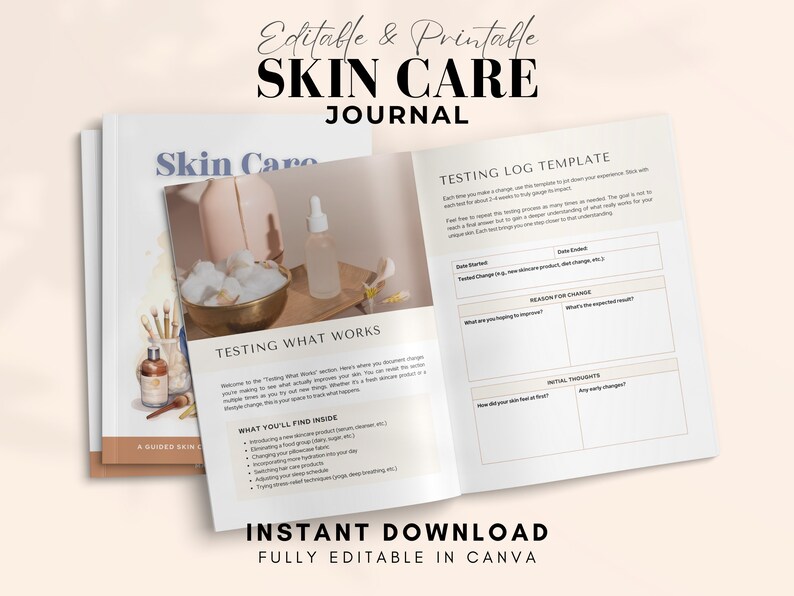 May include: A printable skin care journal with a blue and white cover featuring a watercolour illustration of makeup brushes and a bowl of cotton balls. The journal includes a testing log template to track skin care product changes and results.