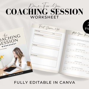 Könnte beinhalten: Ein 20-seitiges Coaching-Arbeitsblatt mit einem beigefarbenen Cover, auf dem der Text "The Coaching Session Worksheet" und eine Frau zu sehen ist, die an einem Tablet arbeitet. Das Arbeitsblatt enthält Abschnitte für "First Session Note" und "Rate Your Thinking".