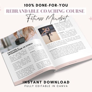 以下が含まれることがあります： ピンクの表紙と白い文字で「100% DONE-FOR-YOU REBRANDABLE COACHING COURSE Fitness Mindset」と書かれた開いた本。本は「Introduction to Fitness」という章を開いており、背景には運動している女性が写っています。