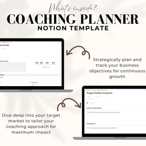 May include: A laptop screen displaying a Notion template for a coaching planner. The template includes sections for business goals, target market analysis, and goal setting. The text "What's inside?" and "COACHING PLANNER" is displayed at the top of the image. The text "Strategically plan and track your business objectives for continuous growth" is displayed on the right side of the image. The text "Dive deep into your target market to tailor your coaching approach for maximum impact" is displayed on the left side of the image.