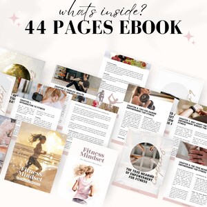 以下が含まれることがあります： 「フィットネス・マインドセット」というタイトルと「What's inside? 44 Pages Ebook」というテキストが書かれたデジタル電子書籍の表紙。表紙には、ランニング、ヨガ、ウェイトリフティングなど、運動をしている人々の画像が掲載されています。この電子書籍は、フィットネスとエンパワメントについてです。