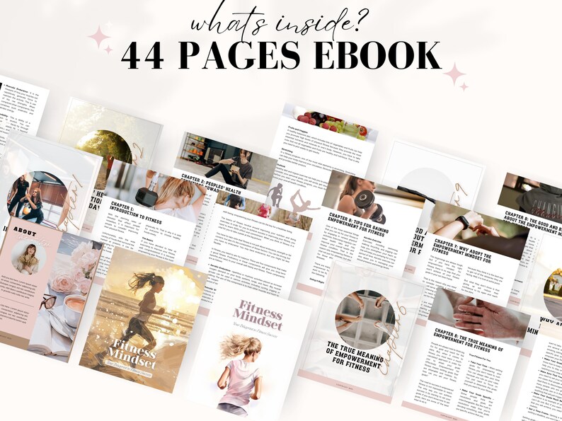 以下が含まれることがあります： 「フィットネス・マインドセット」というタイトルと「What's inside? 44 Pages Ebook」というテキストが書かれたデジタル電子書籍の表紙。表紙には、ランニング、ヨガ、ウェイトリフティングなど、運動をしている人々の画像が掲載されています。この電子書籍は、フィットネスとエンパワメントについてです。