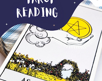 May include: A tarot card with the text "TAROT READING" in white on a dark blue background. The card shows a hand holding a yellow coin with a star, and the words "AS de OROS" at the bottom. A deck of cards is visible in the background.