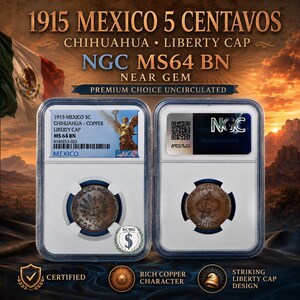 May include: A 1915 Mexico 5 Centavos copper coin graded NGC MS64 BN, encased in two clear plastic slabs. The coin features a Liberty Cap design. The labels include the text 1915 MEXICO 5C CHIHUAHUA - COPPER LIBERTY CAP MS 64 BN and NGC.