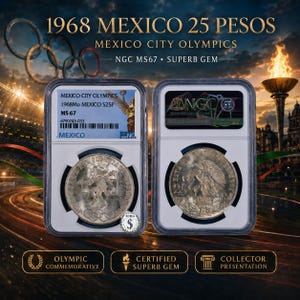 May include: A 1968 Mexico 25 Pesos Mexico City Olympics silver coin encapsulated in a clear NGC MS67 Superb Gem plastic slab. The coin features an Olympic athlete on one side and the Mexican coat of arms on the other, with a certification label.