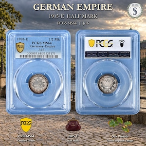 May include: A 1905-E German Empire half mark coin encapsulated in two clear plastic PCGS slabs. The coin features the text 1/2 MARK on one side and an imperial eagle emblem on the other. The slabs include labels with the grade PCGS MS64.