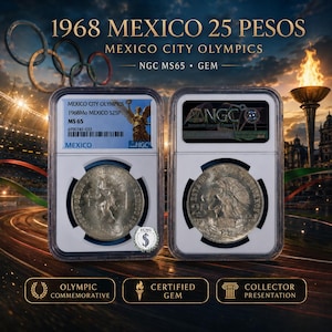 May include: A 1968 Mexico 25 Pesos Mexico City Olympics coin encapsulated in an NGC MS65 slab. The obverse features the Winged Victory statue, while the reverse displays the Mexican coat of arms with an eagle perched on a cactus holding a snake.
