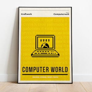May include: A yellow poster with black text and a pixelated image of a computer. The text reads "Kraftwerk Computerwelt" and "COMPUTER WORLD".