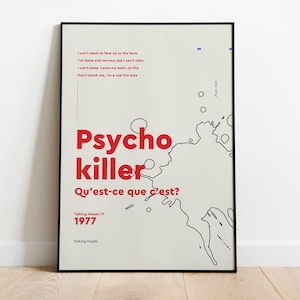 Talking Heads inspired Psycho Killer lyrics print - A4/A3/A2 Music Print