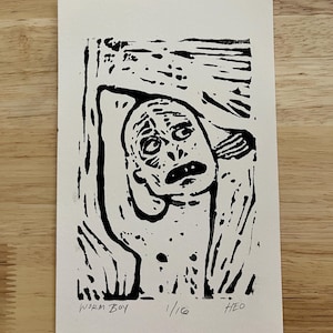 Handgemaakte zwart-witte linosnedeprint - &#39;Worm Boy&#39; - Limited Edition