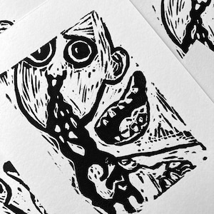 Handmade Black & White Linocut Print - The Deciders