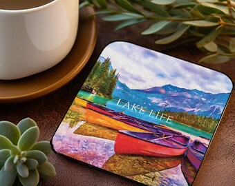 Lake Life Coaster, Lake Home Decor, 1 hardboard coaster,  mountain lake watercolor, 3.5" x 3.5" Beverage Coaster (1 pc)