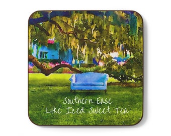 Southern Ease Coaster, Southern or traditional Decor, 1 Hardboard Coaster, 3.5" x 3.5" size, watercolor of live oak trees in a park