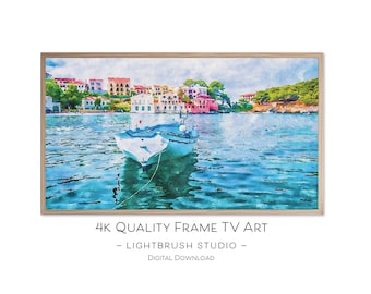 Coastal Art for Samsung Frame TV's, 4k, digital painting, watercolor of Greece harbor bay with a fishing boat, digital download picture