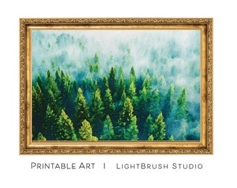 Forest Trees Mist Digital Watercolor, Digital Download, Mountain Wall Art Print, Printable Art, Nature Watercolor