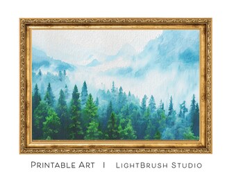 Forest Fog Digital Watercolor, Digital Download, Mountain Wall Art Print, Printable Art, Nature Watercolor