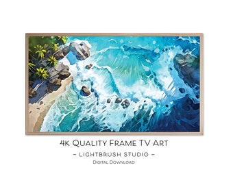 Coastal Art for Samsung Frame TV's, 4k quality, digital painting, watercolor of secluded beach with crashing waves, digital display painting