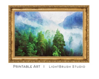 Mountain Forest Digital Watercolor, Digital Download, Mountain Wall Art Print, Printable Art, Nature Watercolor