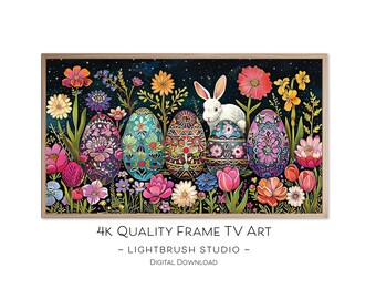 Bunny & Easter Egg Painting for Samsung Frame TVs, digital painting, Easter art print for digital display, nature art, spring flowers, bunny