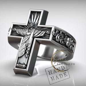Jesus Sacred Heart Ring Protector Cross Handmade Christian Catholic Jewelry With Rays and Symbols 18K Gold Plated Over 925 Silver