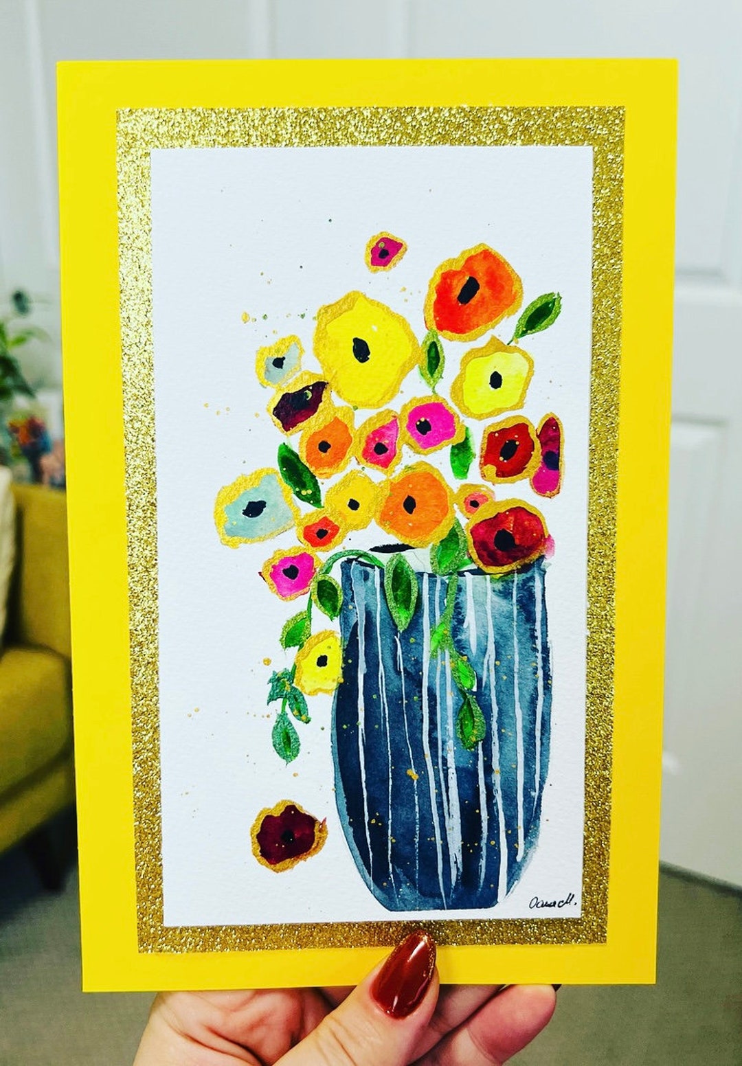 Flower Vase Card Original Watercolor Painting Etsy