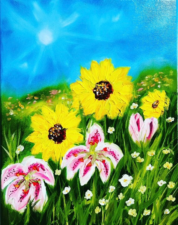 油彩『Flower fortune-telling』 Stunning summer flowers oil painting. Limited edition