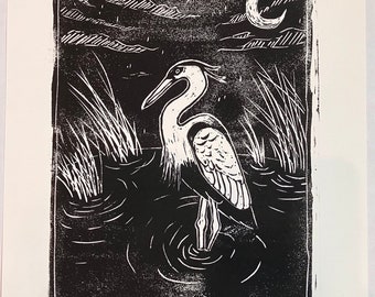 Heron on the Water Original Linocut