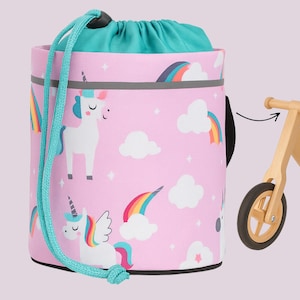 Laufradtasche Einhorn – mit Zugbeutel – reflektierend in der Dämmerung – Geschenkidee für Kinder Fahrrad, Dreirad, Scooter usw.