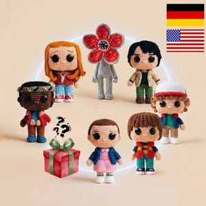 Patrón de crochet de Stranger Things (paquete 7 en 1) | Amigurumi digital en PDF | Inglés (EE. UU.) + alemán | Eleven, Demogorgon, Mike, Will y sus amigos