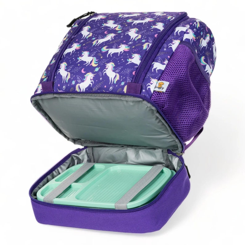 Backpack Kita purple unicorn insulated with extra lunch box compartment suitable for the Toniebox children's travel backpack with many compartments image 7