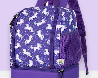 Sac à dos Kita - licorne violette - isolé avec compartiment supplémentaire pour boîte à lunch - adapté à la Toniebox - sac à dos de voyage pour enfants - avec de nombreux compartiments