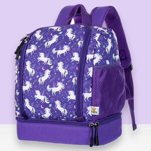 Rucksack Kita - lila Einhorn - mit extra Brotdosen Fach isoliert - passend für die Toniebox - Kinder Reiserucksack - mit vielen Fächern