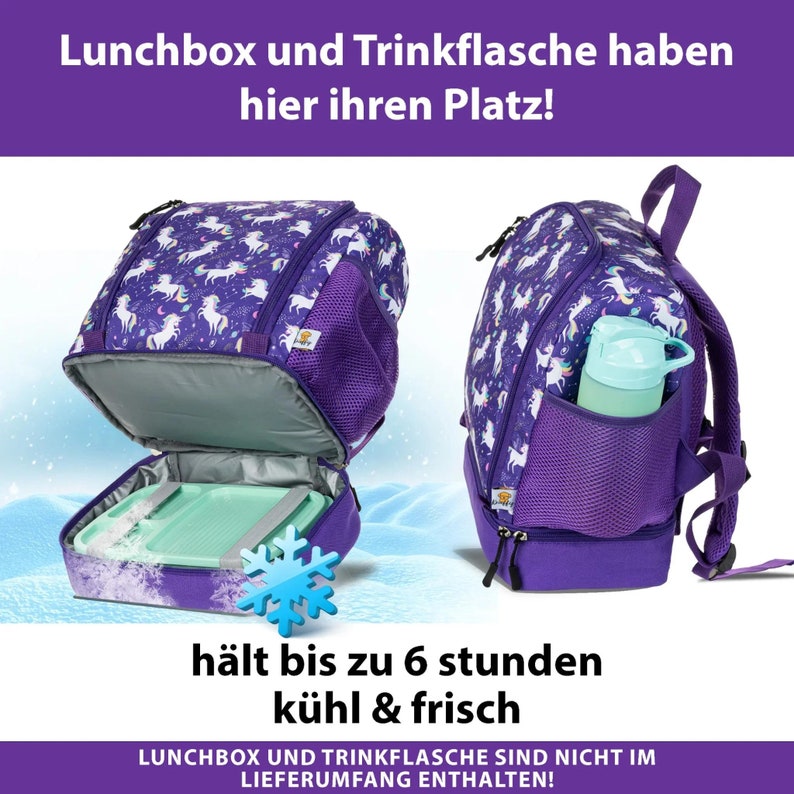 Backpack Kita purple unicorn insulated with extra lunch box compartment suitable for the Toniebox children's travel backpack with many compartments image 2