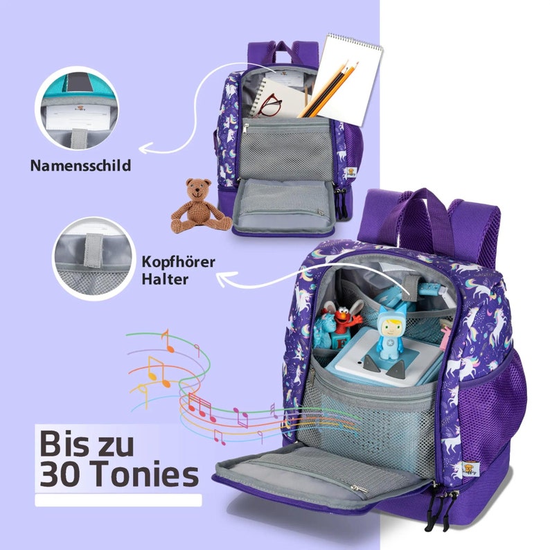 Backpack Kita purple unicorn insulated with extra lunch box compartment suitable for the Toniebox children's travel backpack with many compartments image 4