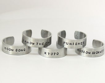 phoebe bridgers inspired hand stamped rings (punisher, kyoto, motion sickness and more)