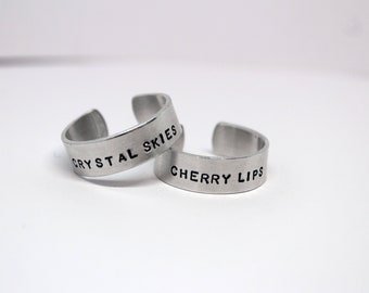 cherry lips and crystal skies hand stamped duo ring set