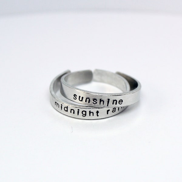 sunshine and midnight rain hand stamped duo ring set