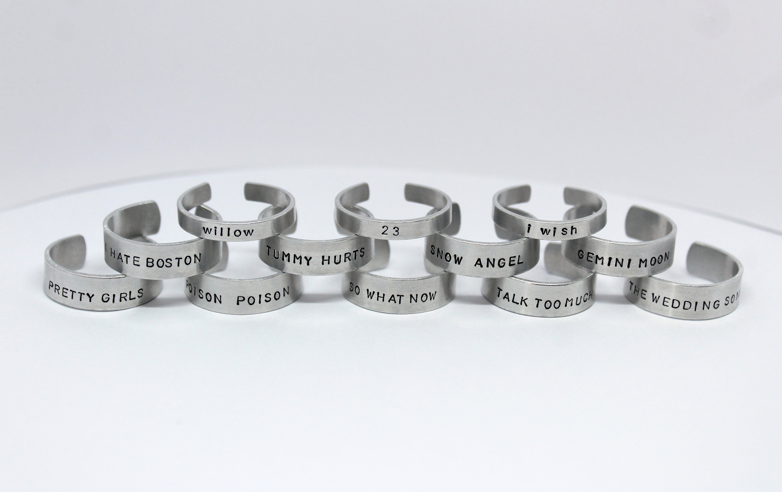 reneé rapp inspired hand stamped rings (everything to everyone, snow angel, pretty girls, bruises and more)