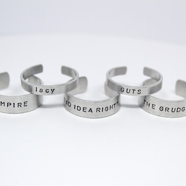 olivia rodrigo inspired hand stamped rings (guts, lacy, bad idea right? and more)