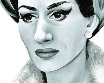 May include: Black and white portrait painting of a woman wearing a fur collar and a hat. The woman has dark hair and dark eyes with dramatic eyeliner. She is looking directly at the viewer with a serious expression.