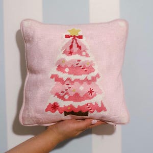 Pink Christmas Tree Needlepoint Pillow