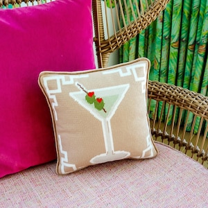 Tan Martini Needlepoint Pillow