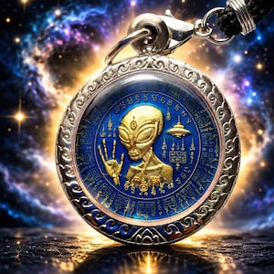 Könnte beinhalten: Ein silberfarbener Anhänger mit einem blau-goldenen Alien-Design. Der Anhänger zeigt eine goldene Alien-Figur mit erhobener Hand und einem UFO, umgeben von goldenen Symbolen. Er hängt an einem schwarzen Band.